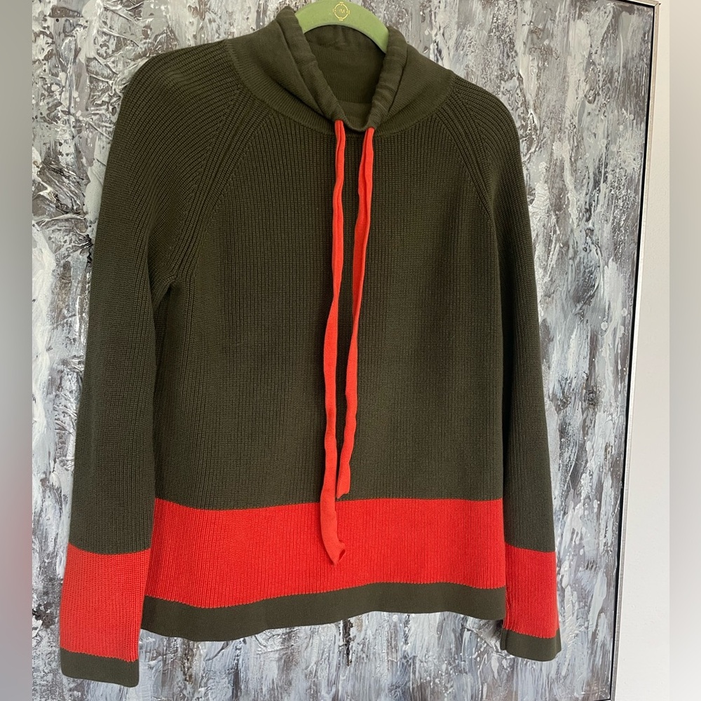 Kokun Women's Green Orange Two Tone Knit Cotton Pullover Hoodie Size Medium